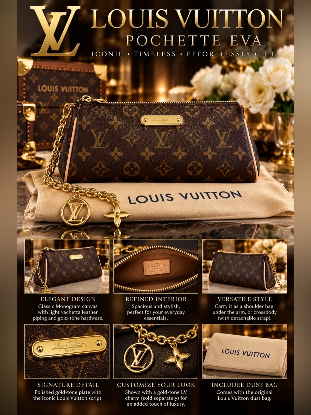 Louis Vuitton Pochette Eva (Eva Clutch) in the signature Monogram canvas🔥New!